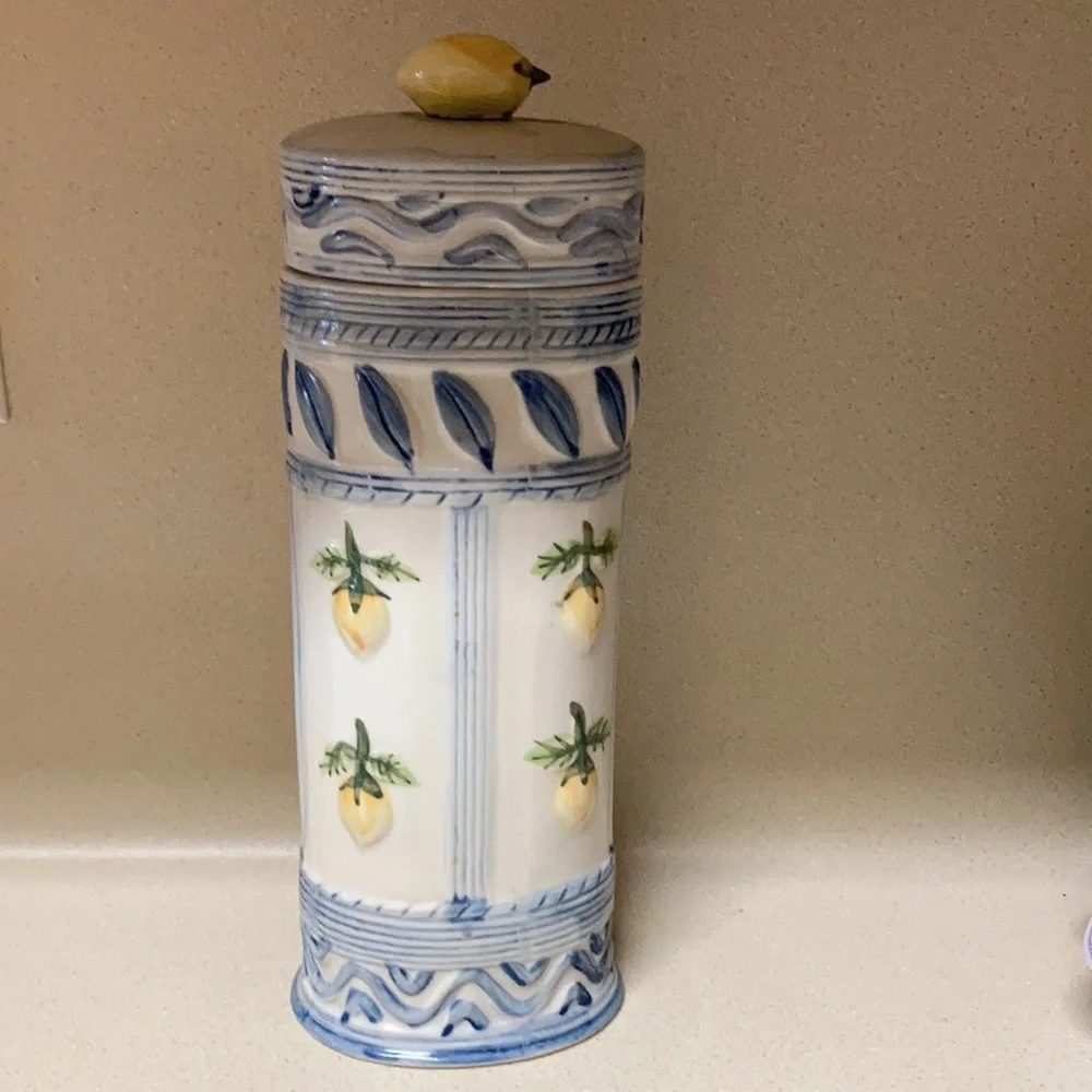 Decorative Ceramic Lemon Canister - Blue and Yellow